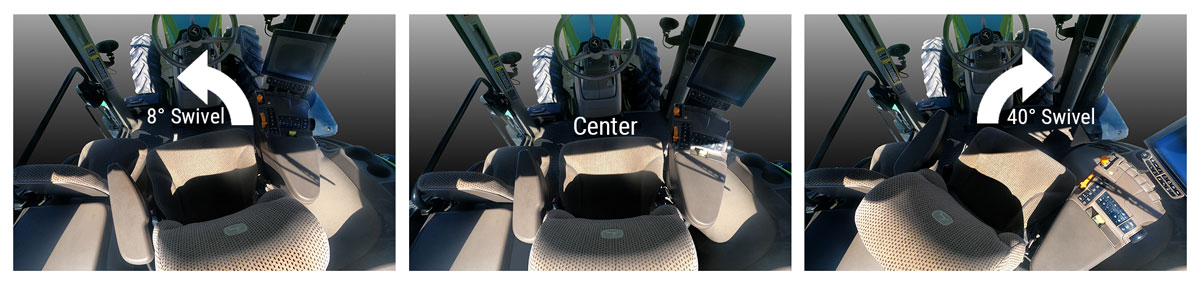Diagram of showing how much room the average tractor cab seat turns to the left and right from center. 